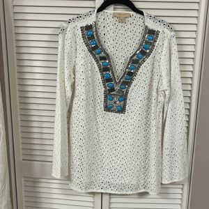 White Eyelet Longsleeve Resort/Cruise Wear w/ Turquoise and Silver Small EUC